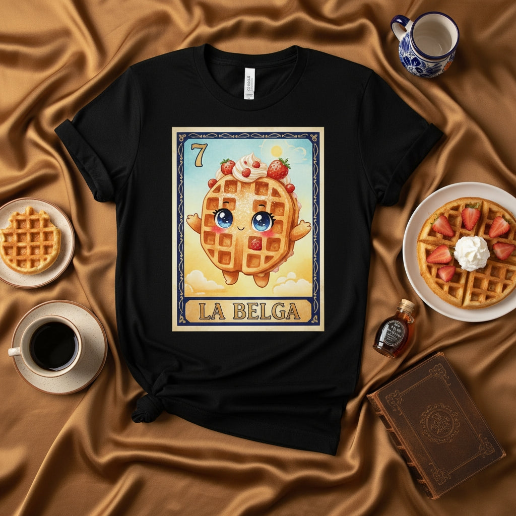 LA BELGA Cute Kawaii Waffle Loteria Card T-Shirt | Funny Belgian Waffle Pun Graphic Tee for Foodies and Gaming Fans