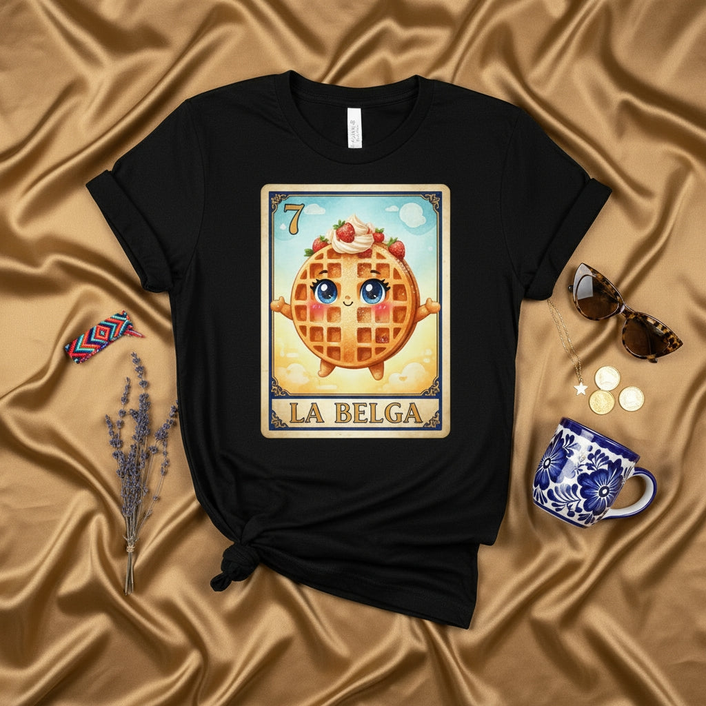 LA BELGA Cute Belgian Waffle La Lotería Card T-Shirt, Funny Food Character Graphic Tee, Unisex Mexico Bingo Game Style Shirt, Number 7 The Waffle Design