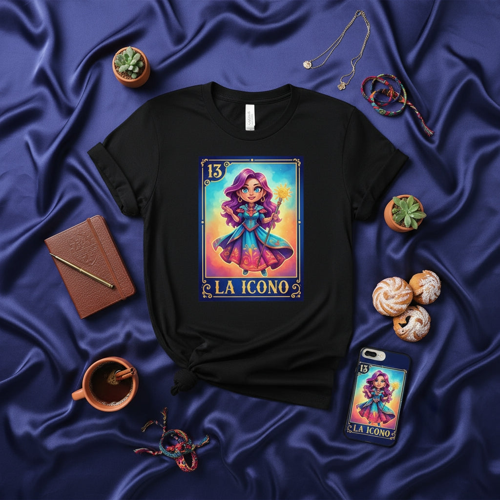 La Icono La Loteria Card T-Shirt, Cute Anime Girl Magical Icon Graphic Tee, Unisex Mexican Bingo Art Style Shirt, Vibrant Fantasy Character Blue Purple Hair Number 13 Top