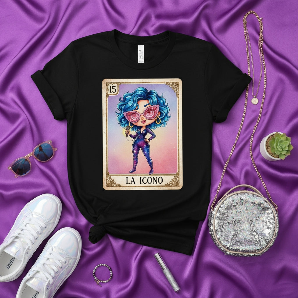 LA ICONO Pop Icon Loteria Card T-Shirt, Starry Jumpsuit Blue Hair Character Tee, Fun Mexican Bingo Style Unisex Graphic Shirt, Statement Fashion Gift for Music Lovers, Glittery Accessories Outfit Idea