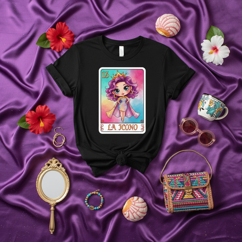 LA ICONO Loteria Card T-Shirt: Cute Cartoon Girl Queen with Purple Hair, Number 13, Colorful Sublimation Graphic Tee, Unisex Funny Hispanic Culture Gift Top