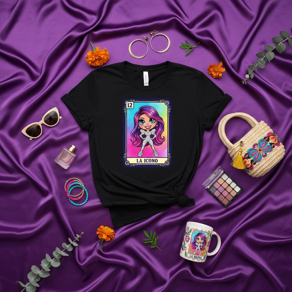 LA ICONO Latina Lotería Card T-Shirt Cute Cartoon Character Design Black Unisex Tee Aesthetic Bingo Game Graphic Print Shirt Gift Idea