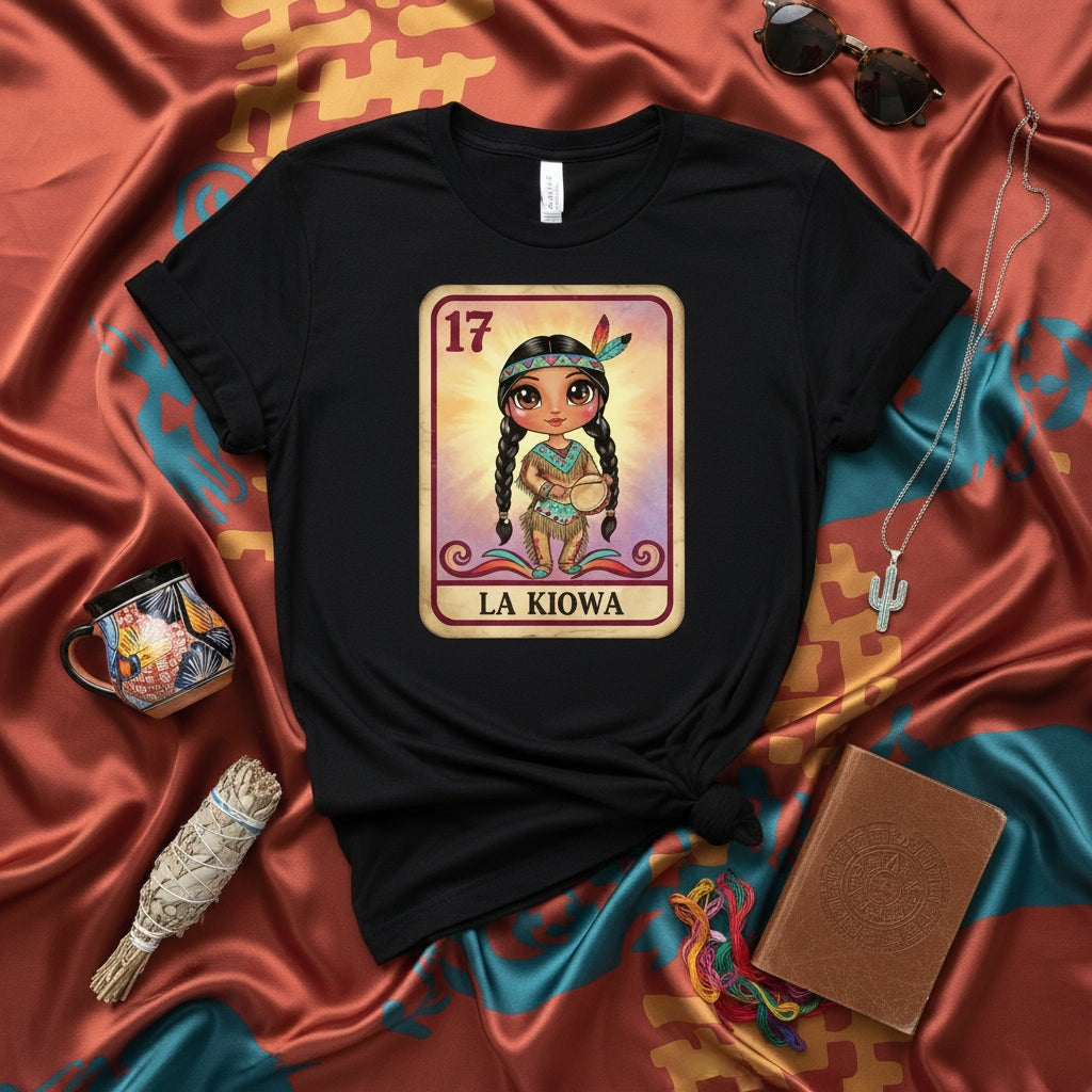 LA KIOWA Indigenous Native American Loteria Card T-Shirt, Cute Chibi Girl Design, Traditional Mexican Bingo Game Apparel, Unisex Graphic Tee, Number 17 Culture Shirt