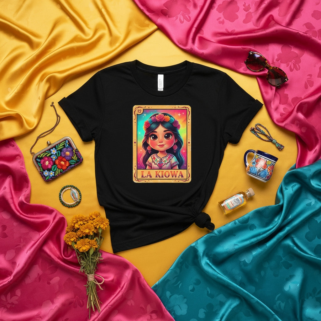 LA KIOWA Loteria Card T-Shirt, Mexican Bingo Game Design, Cute Girl Graphic Tee, Traditional Culture Inspired Unisex Apparel, Vibrant Fiesta Gift