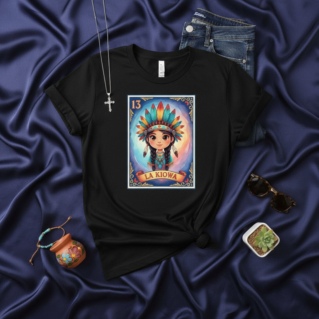 LA KIOWA Native American Girl Loteria Card T-Shirt, Indigenous Cute Child Headdress Graphic Tee, Unisex Lotería Style Mexican Bingo Game Shirt