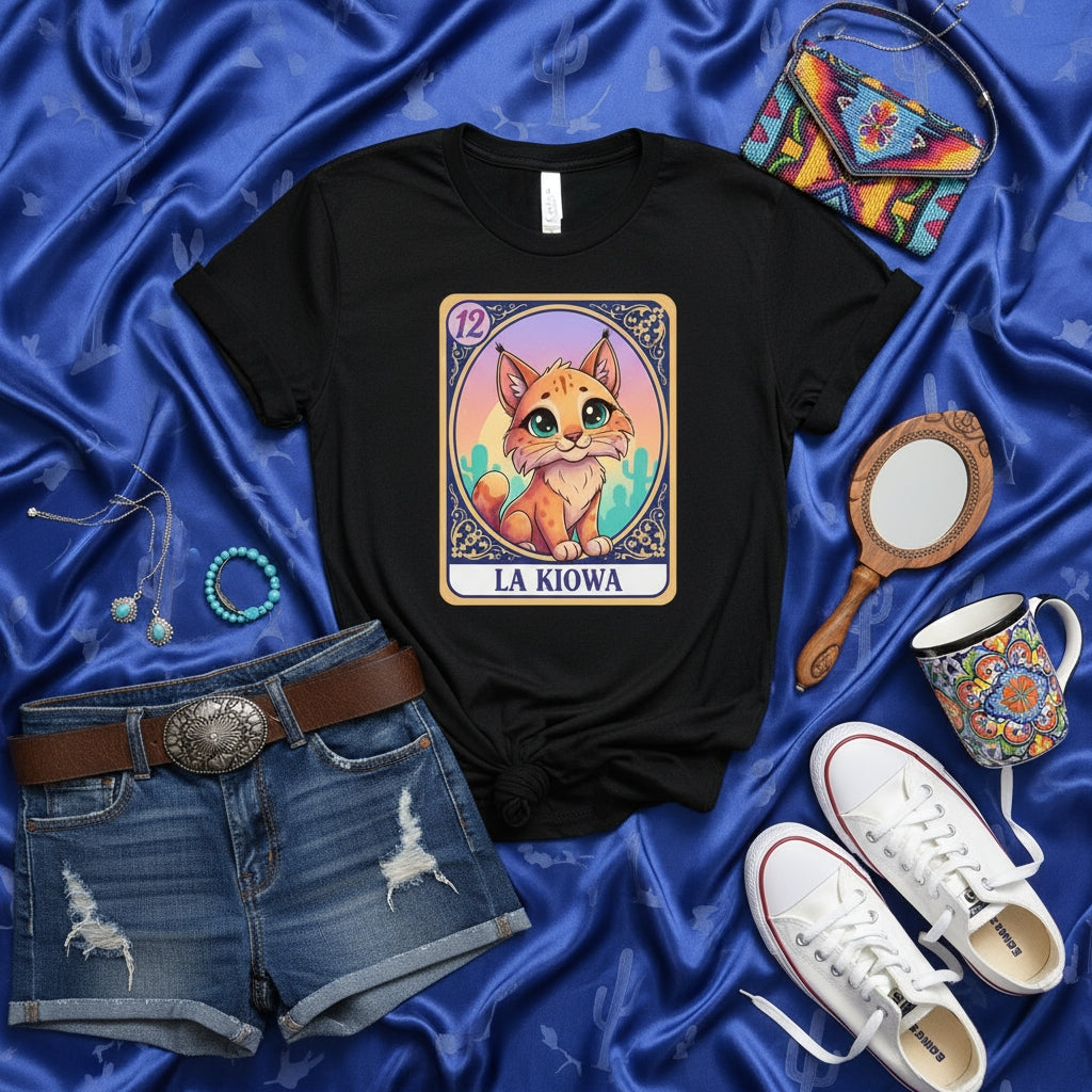 LA KIOWA Cute Cat Kitten Loteria Card T-Shirt, Mexican Bingo Game Inspired Tee, Unisex Graphic Shirt for Cat Lovers and Cultural Heritage Fans