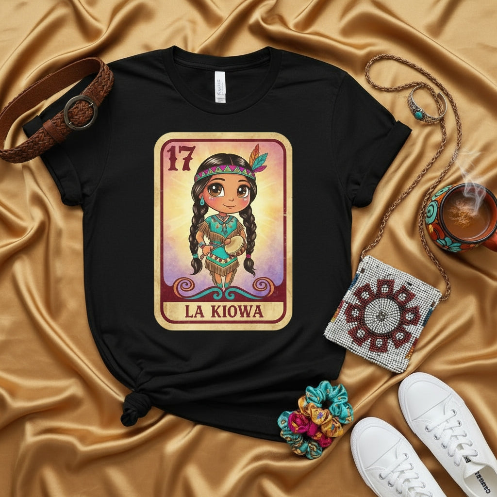 LA KIOWA Number 17 Loteria Card T-Shirt, Native American Girl Tee with Drum, Cute Chibi Indigenous Woman Graphic Top, Traditional Art Inspired Unisex Shirt, Bingo Game Design Apparel