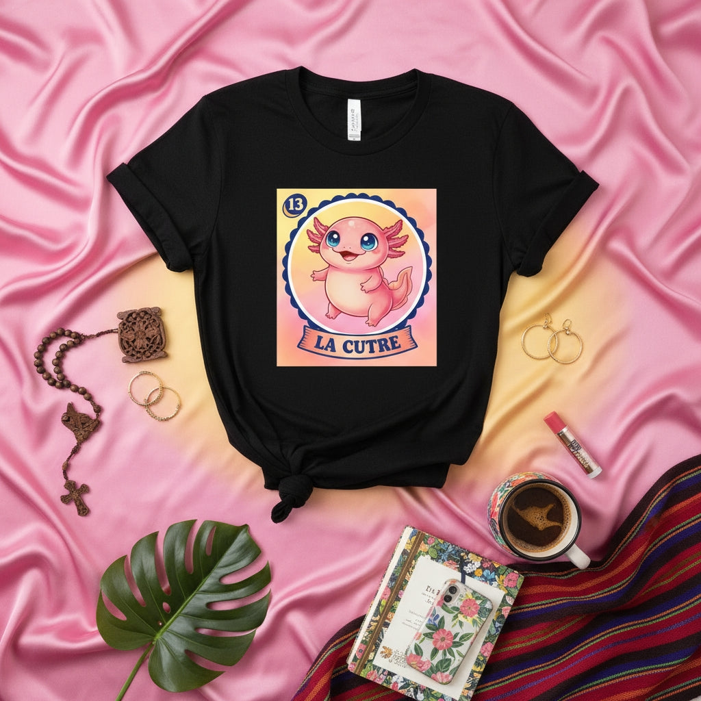 LA CUTRE Cute Axolotl Loteria Card T-Shirt, Kawaii Salamander Mexican Bingo Game Tee, Funny Number 13 Aquatic Pet Graphic Shirt Gift