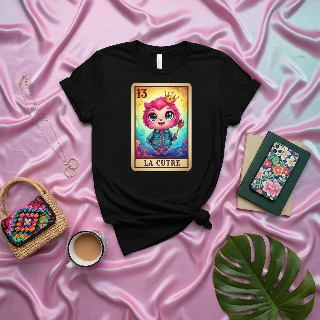 LA CUTRE Loteria Card T-Shirt, Cute Cartoon Character Tee, Black Unisex Graphic Shirt, Mexican Bingo Card Style Art Top, Number 13 Design Apparel