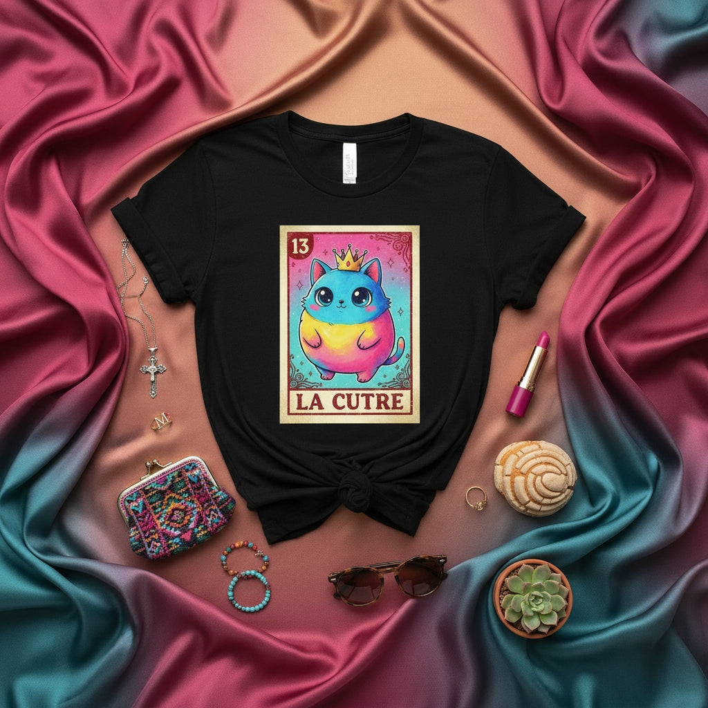 LA CATRINA Funny Cute Rainbow Cat Kitten La Loteria Card T-Shirt, Mexican Bingo Game Art, Colorful Feline Graphic Tee, Unisex Gift for Cat Lovers