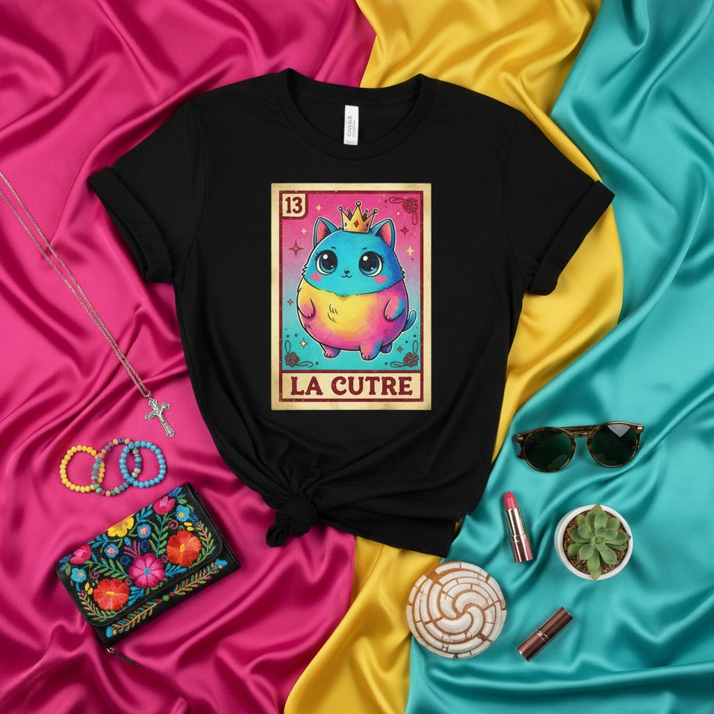 LA CUTRE Kawaii Cat T-Shirt, Cute Lotería Card Design, Funny Mexican Bingo Game Tee, Unisex Graphic Shirt, Pastel Chubby Kitten with Crown, Vibrant Pink Yellow Blue Colors, Unique Gift Idea
