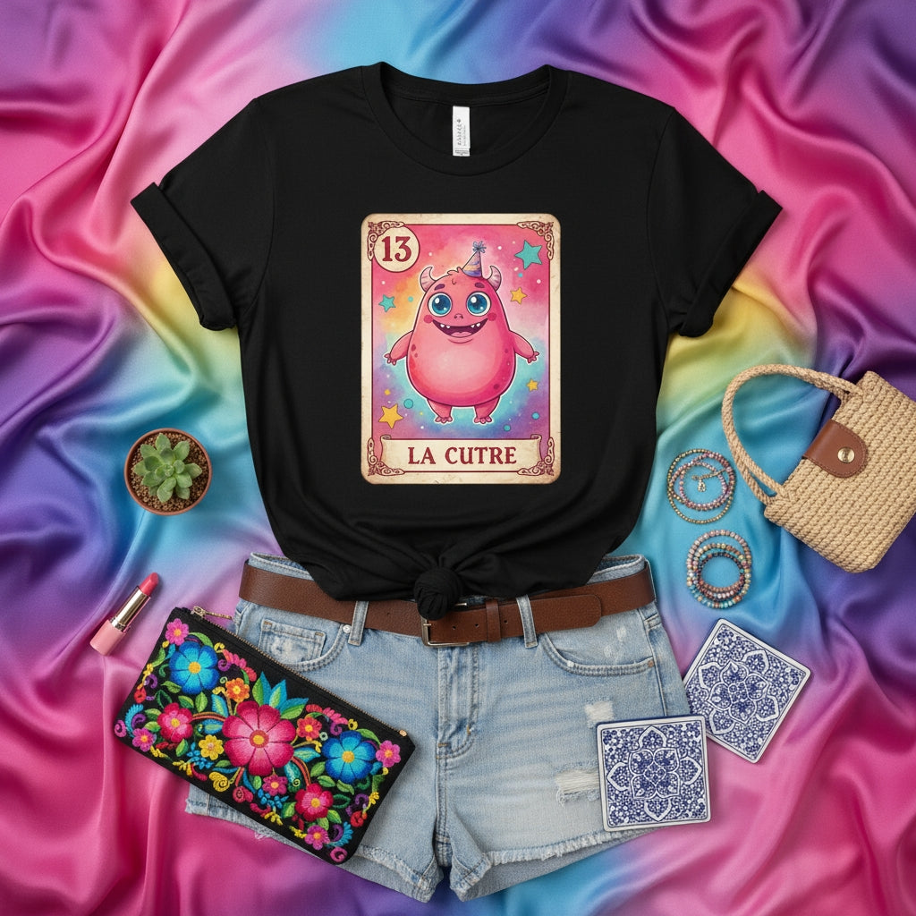 LA CUTRE Loteria Card T-Shirt, Cute Pink Monster Birthday Party Unisex Tee, Funny Mexican Bingo Game Design, Number 13 Shirt Gift for Him Her