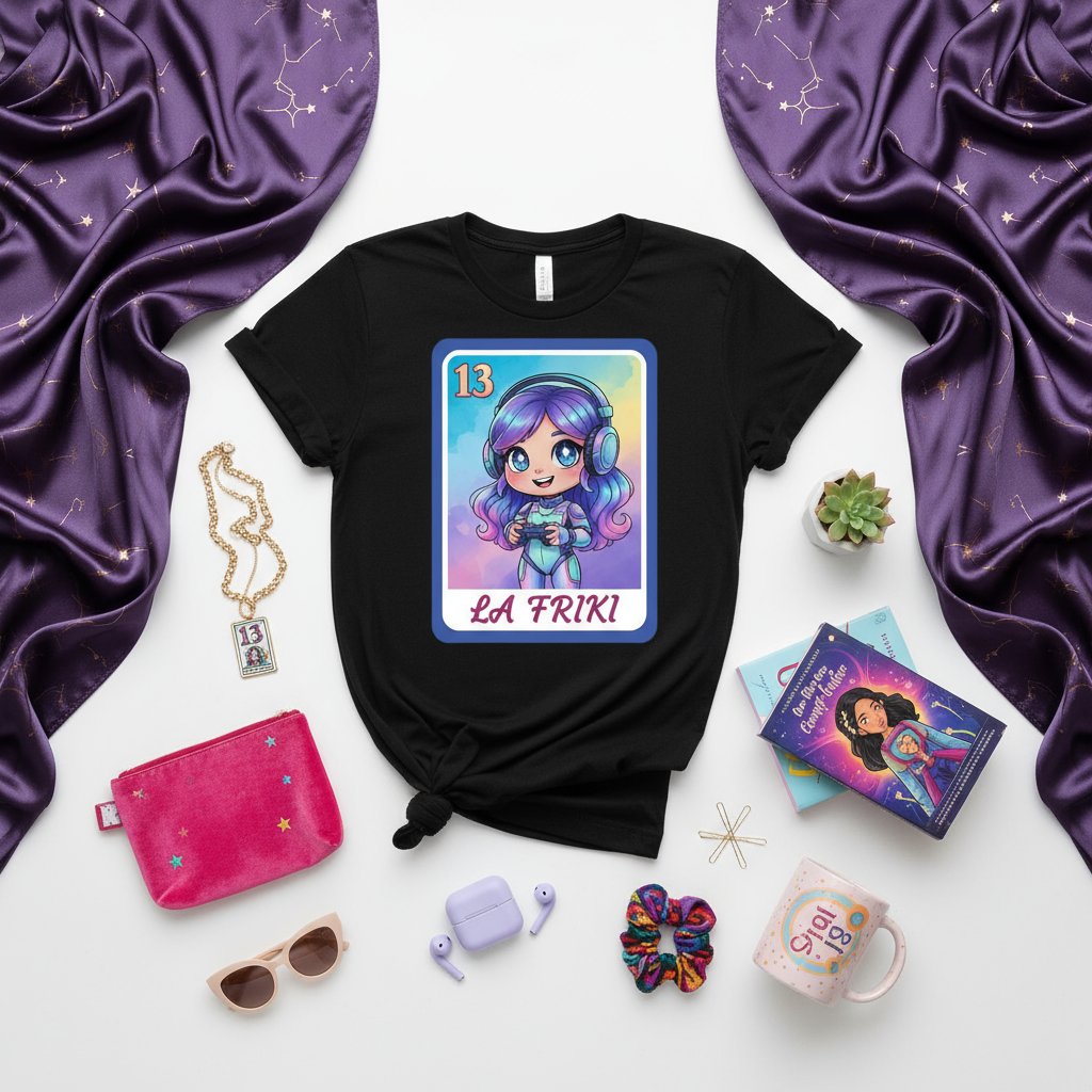 LA FRIKI Gamer Girl T-Shirt, Geeky Kawaii Anime Cartoon Loteria Card 13, Unique Video Game Player Gift Tee