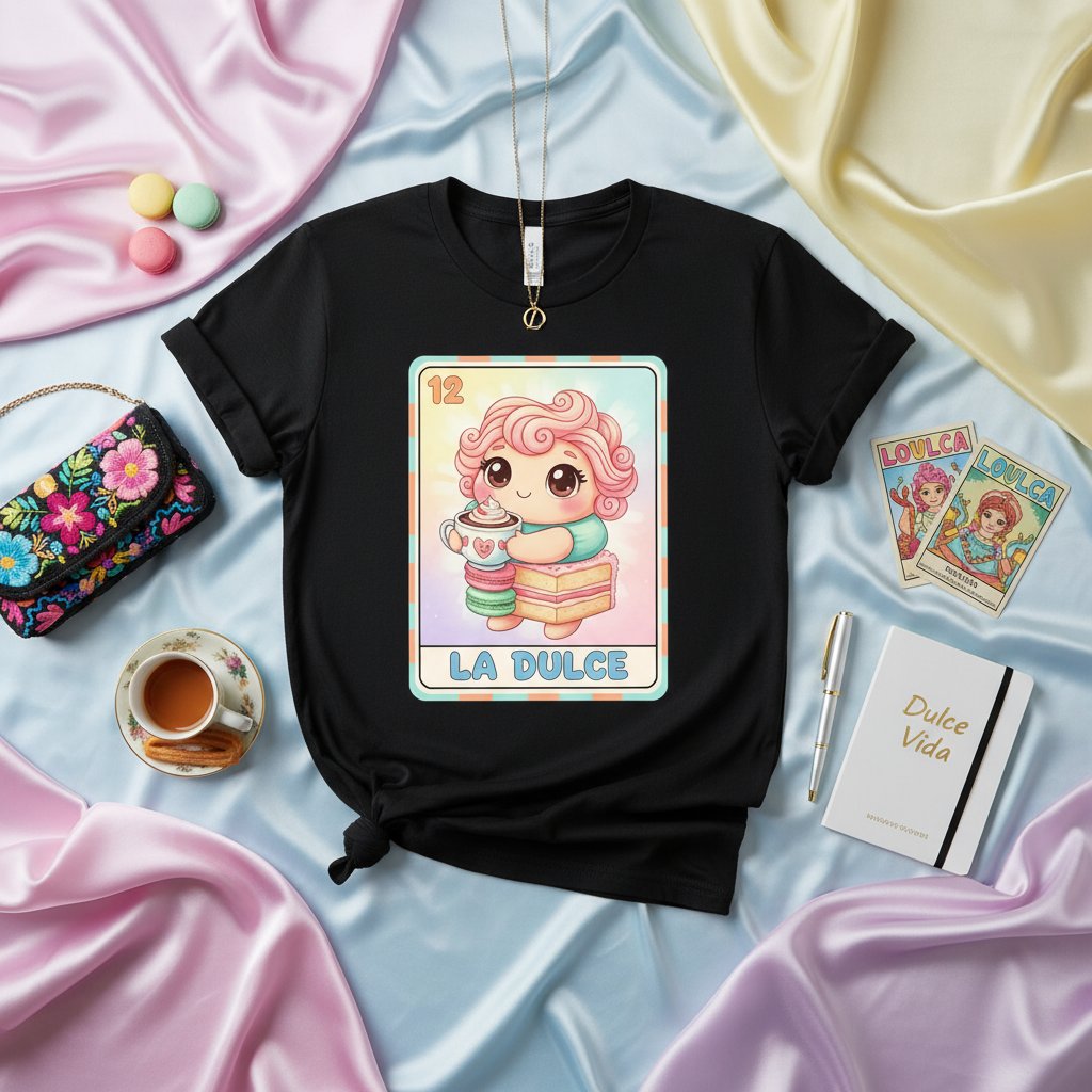 LA DULCE Cute Pink Haired Girl with Hot Chocolate & Macarons T-Shirt, Mexican Loteria Card Style Graphic Tee, Kawaii Aesthetic Sweetness Design, Number 12 Bingo Game Inspired Unisex Shirt Gift