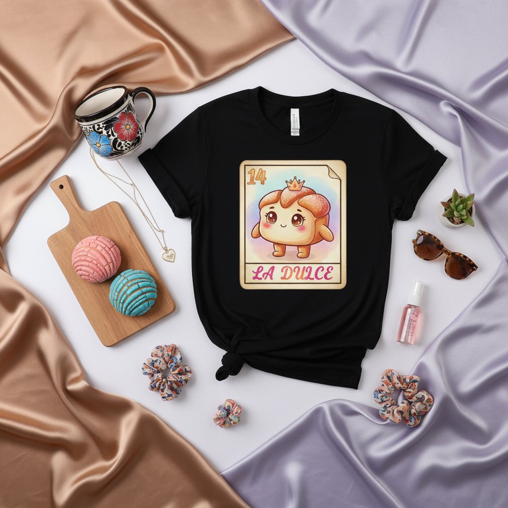 LA DULCE Cute Concha Pan Dulce Loteria Card Unisex T-Shirt - Mexican Bakery Food Art Tee for Men and Women, Sweet Bread Graphic Novelty Shirt