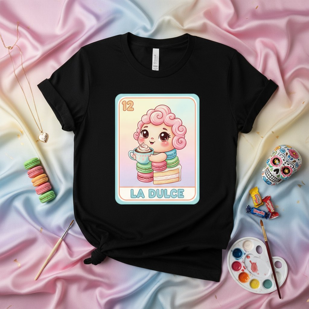 LA DULCE Lotería Card T-Shirt Cute Pastel Dessert Kawaii Design Unisex Tee Sweet Sugar Skull Candy Macaron Coffee Lover Gift Top for Him Her