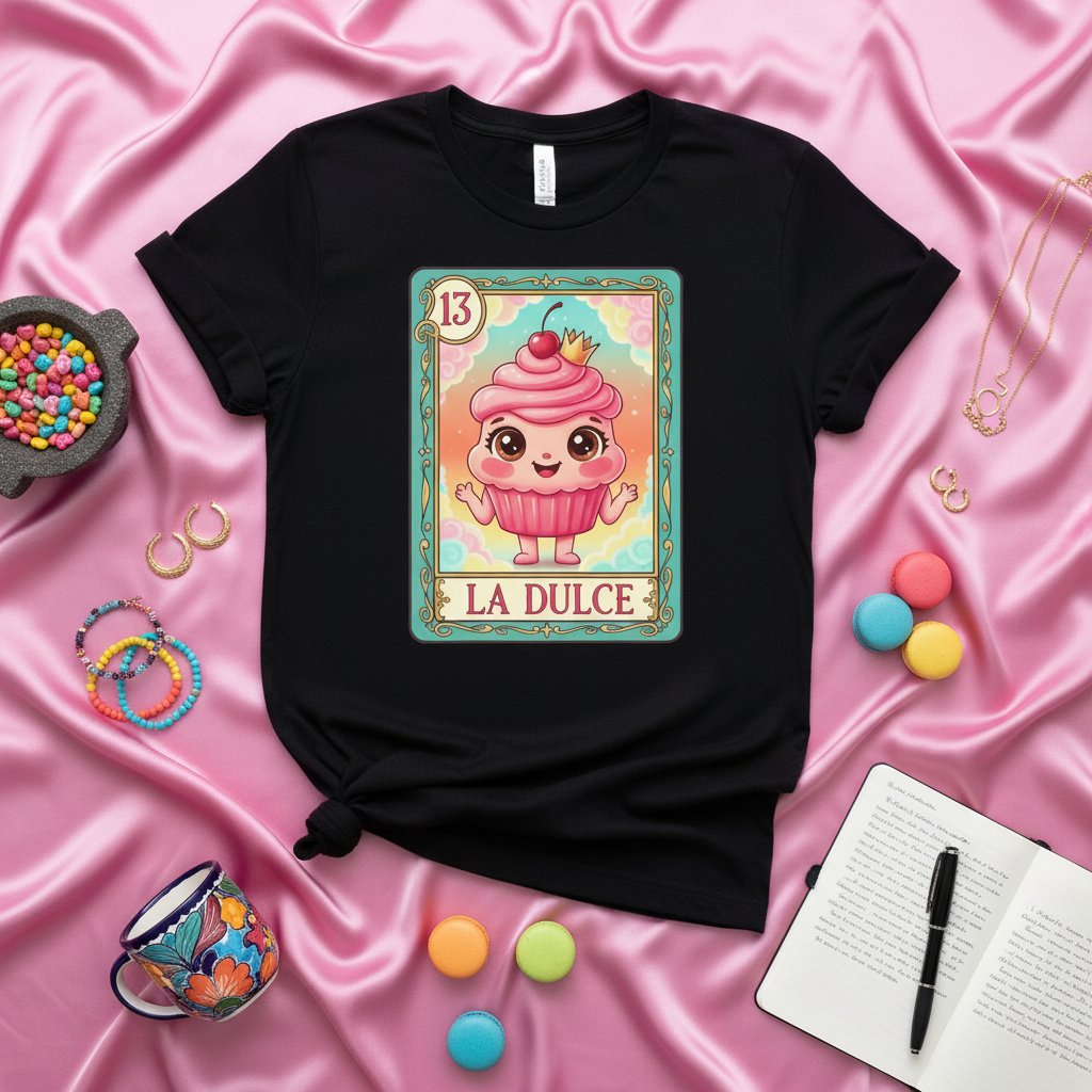 LA DULCE Lotería Card T-Shirt | Cute Cupcake Character Graphic Tee | Funny Mexican Bingo Game Top | Number 13 Sweet Treat Shirt for Women Men