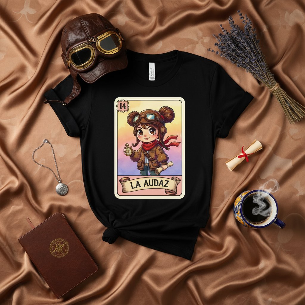 LA AUDAZ Pilot Girl Lotería Card T-Shirt Vintage Aviator Steampunk Style Graphic Tee Unisex Black Shirt with Goggles Compass Scroll Design