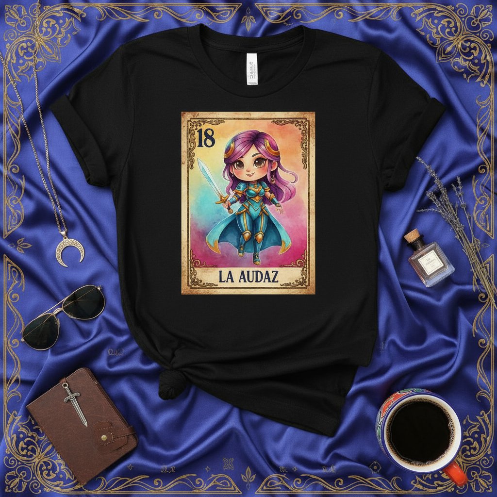 LA AUDAZ Cute Warrior Girl Loteria Card T-Shirt, Number 18 La Audaz Tarot Tee, Fantasy Sword Fighter Shirt, Hispanic Culture Gift, Unique Cartoon Anime Style Design, Unisex Graphic Top