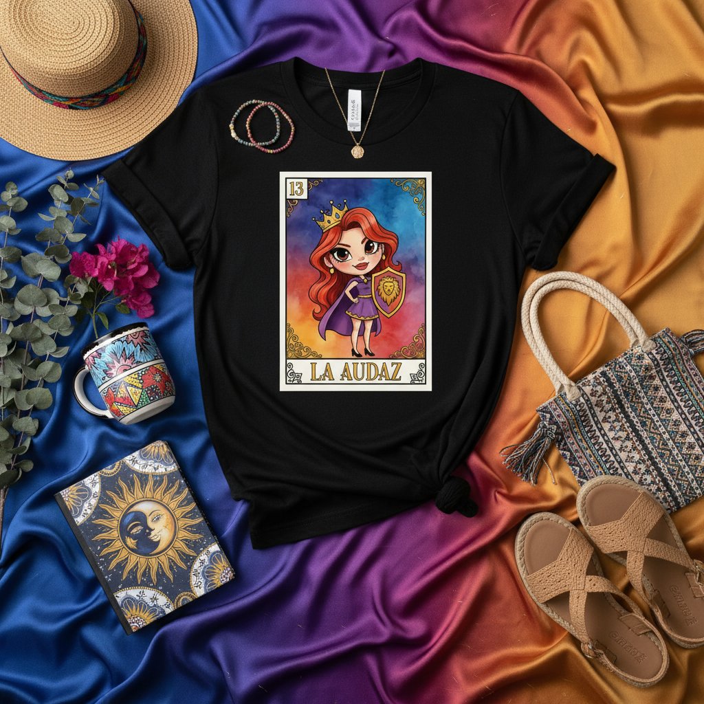 La Audaz Loteria Card T-Shirt, Cute Cartoon La Audaz Redhead Latina Girl Graphic Tee, Mexican Bingo Game Inspired Apparel, Brave Female Lion Shield Design, Unisex Shirt Gift