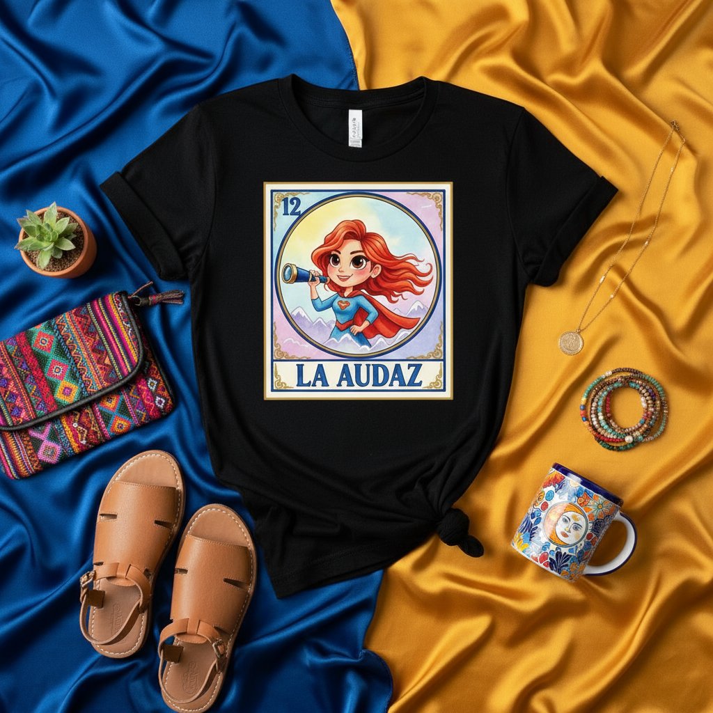 LA AUDAZ Superhero Woman Loteria Card T-Shirt, Mexican Bingo Game Inspired Design, Cute Redhead Female Character, Unique Cultural Graphic Tee Gift
