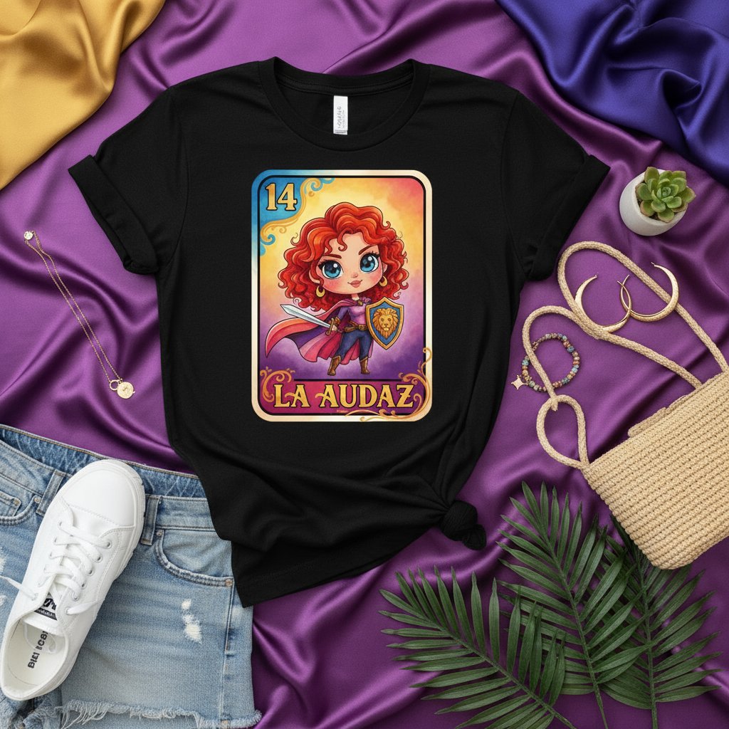 LA AUDAZ Loteria Card T-Shirt, Brave Warrior Girl Graphic Tee, Number 14 La Audaz Spanish Card Shirt, Unique Mexico Inspired Culture Gift for Women & Teens