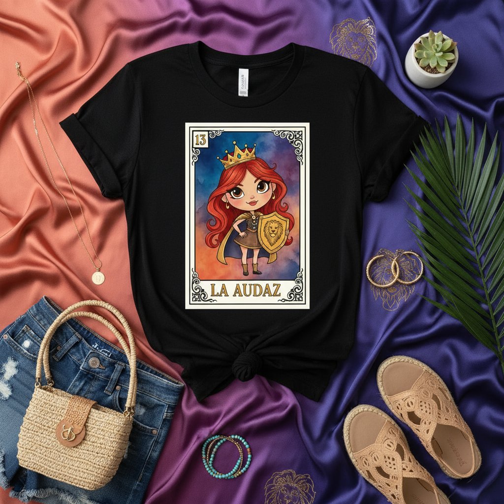 LA AUDAZ Loteria Card T-Shirt, Queen Warrior Shield Crown Design, Cute Mexican Bingo Game Graphic Tee, Number 13 Unisex Shirt for Women Men