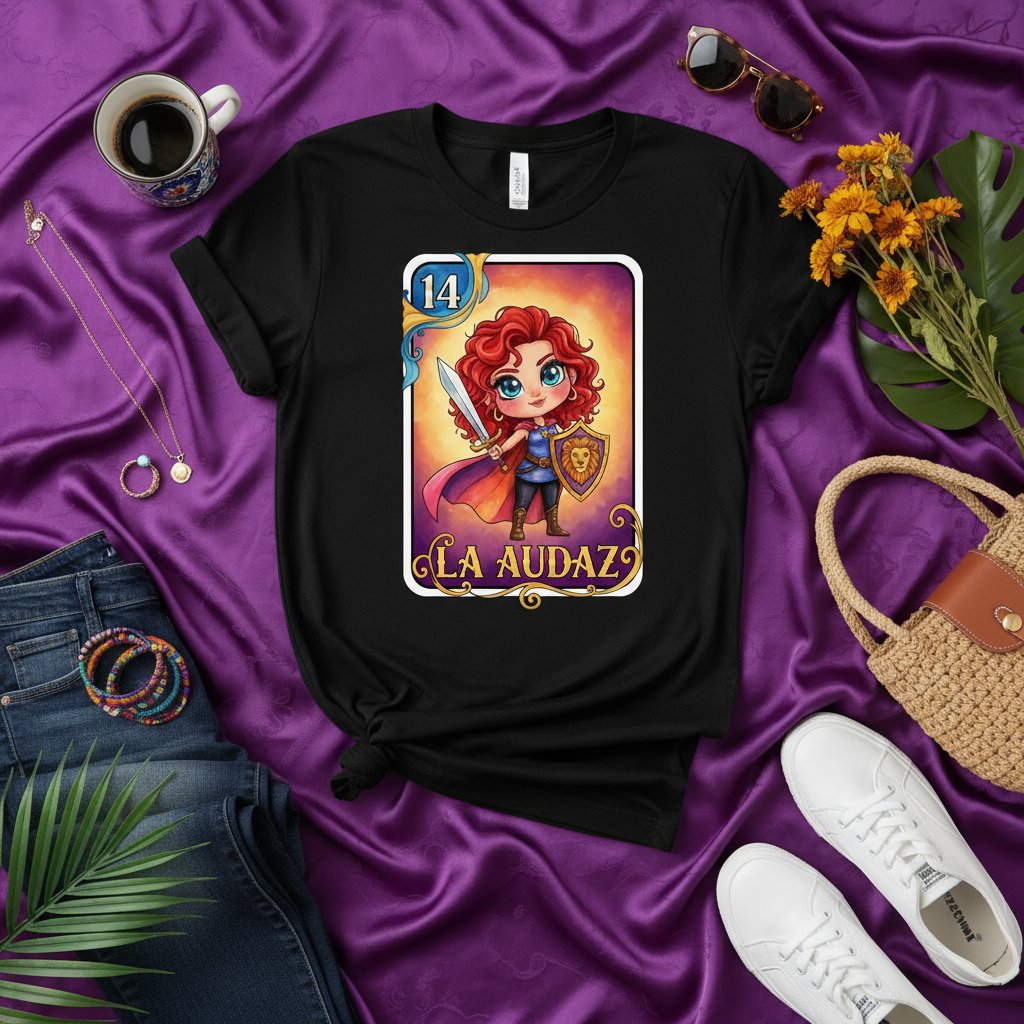 La Audaz Lotería Card T-Shirt: Brave Warrior Girl Graphic Tee, Number 14 Bold Cute Redhead Character Design, Unisex Mexican Bingo Game Inspired Apparel Gift