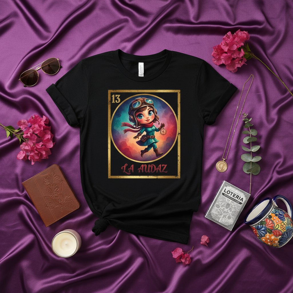 La Audaz Aviator Girl Loteria Card T-Shirt, Número 13 Cute Pilot Steam Punk Style Unisex Graphic Tee, Mexican Bingo Game Inspired Apparel Gift Idea