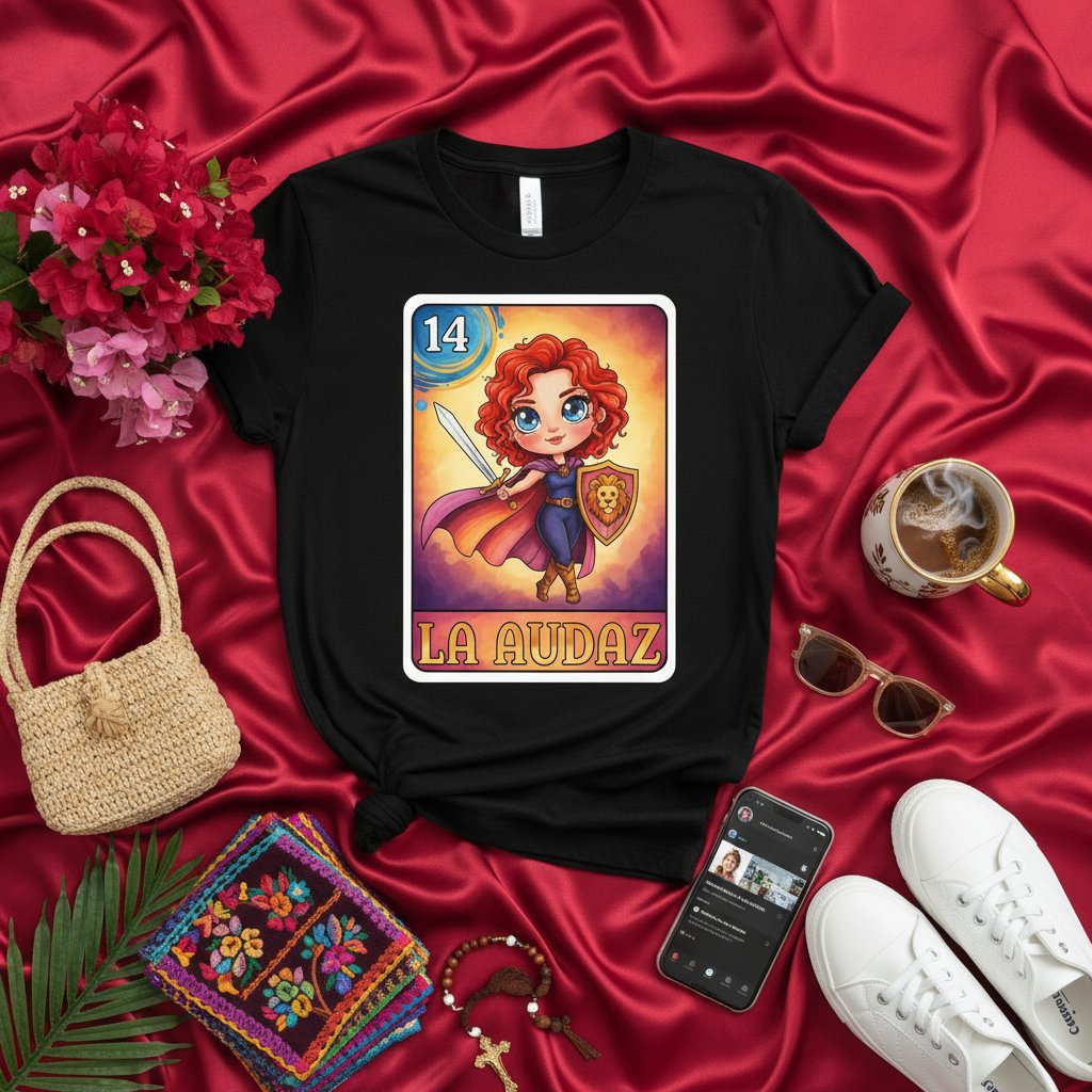 LA AUDAZ Loteria Card Unisex T-Shirt with Cute Cartoon Redhead Warrior Holding Sword and Shield, Hispanic Culture Inspired Mexican Bingo Style Graphic Tee