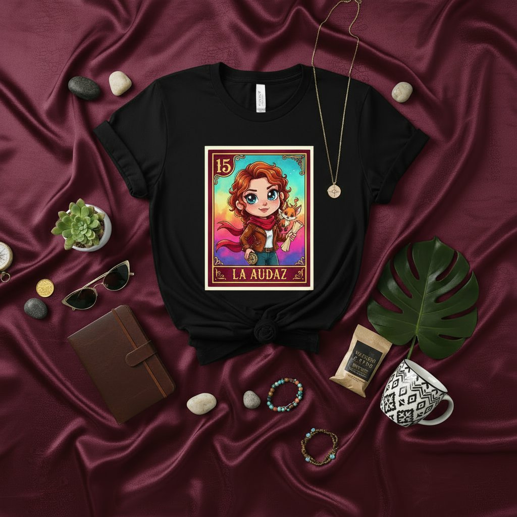 LA AUDAZ Loteria Card Unisex T-Shirt - Number 15 Mexican Bingo Art Tee, Cute Redhead Cartoon Graphic Shirt, Hispanic Culture Gift Idea for Women and Teens