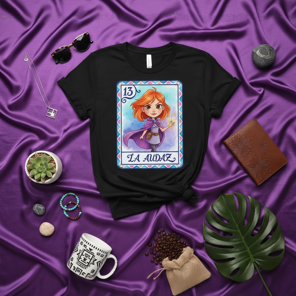 La Audaz Number 13 Lotería Card T-Shirt | Latina Girl Superhero Graphic Tee | Bold, Courageous, Brave Art Print Short Sleeve Unisex Shirt Gift