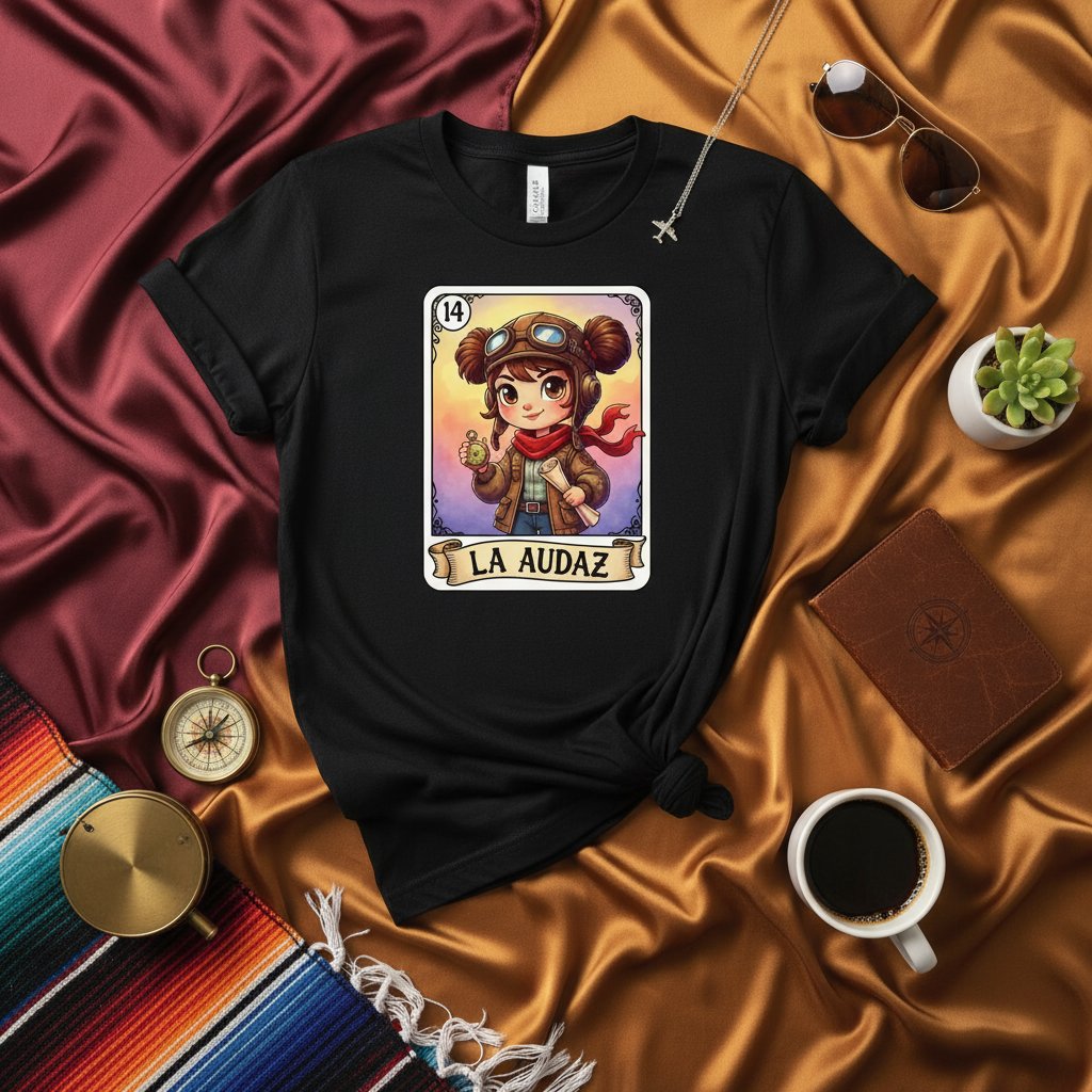 LA AUDAZ Pilot Loteria Card T-Shirt: Aviator Girl Design, Number 14, Vintage Mexican Bingo Style Unisex Tee