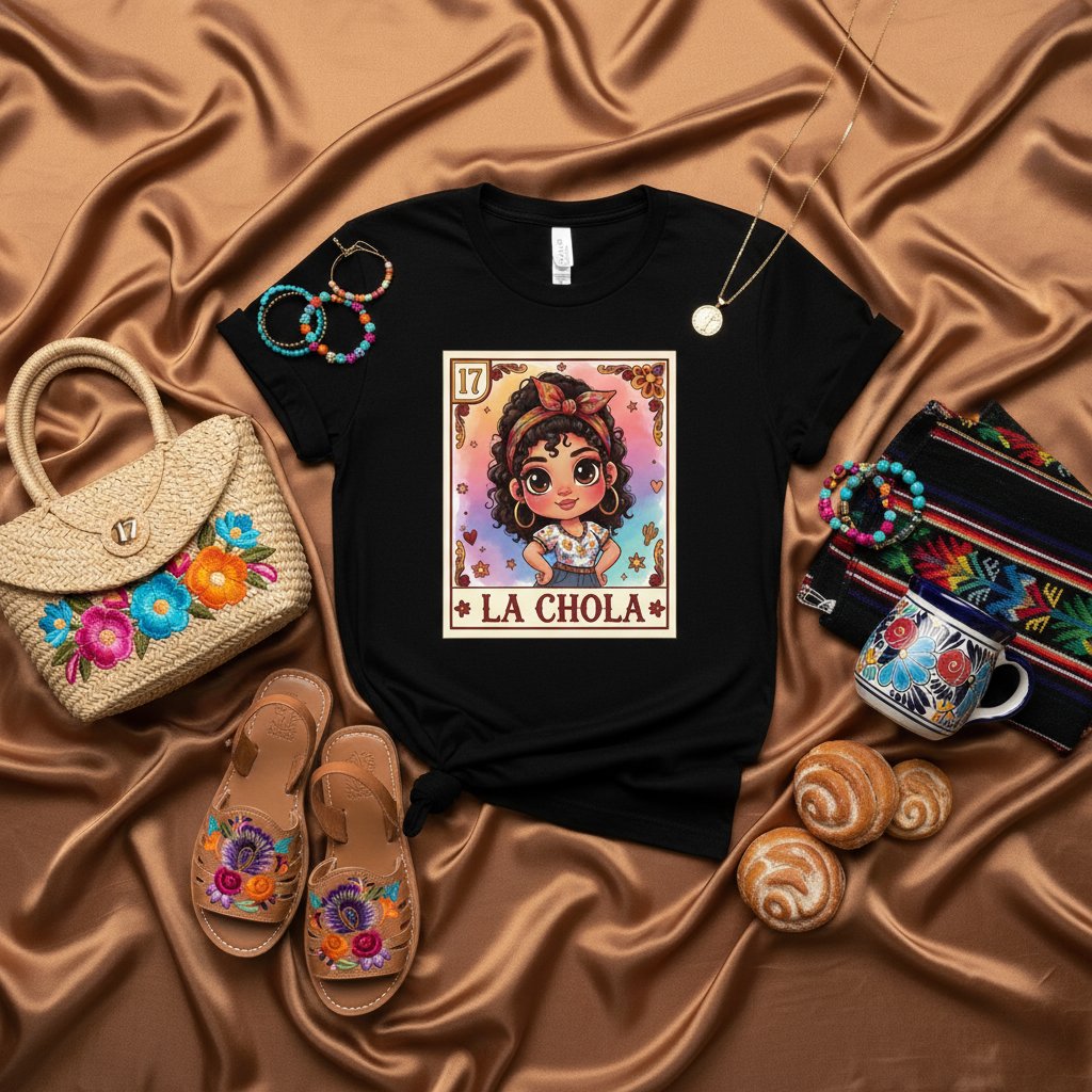 La Chola Loteria Card T-Shirt, Cute Cartoon Chola Girl Graphic Tee, Mexican Bingo Game Inspired, Unisex Style Apparel, Latina Heritage Gift, Number 17 Shirt