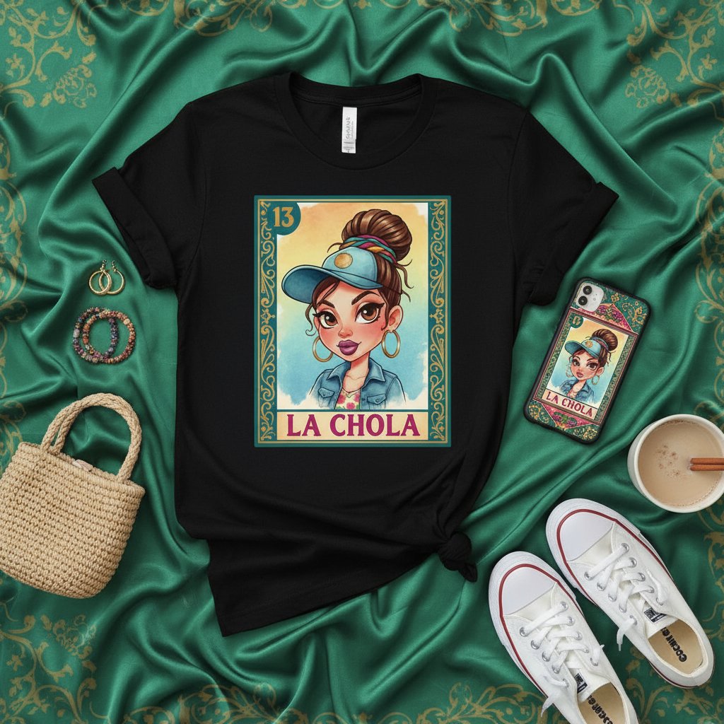 LA CHOLA Loteria Card T-Shirt, Cute Cartoon Chola Girl with Hat and Hoop Earrings Graphic Tee, Mexican Bingo Game Inspired Artwork, Trendy Unisex Top, Latina Heritage Apparel