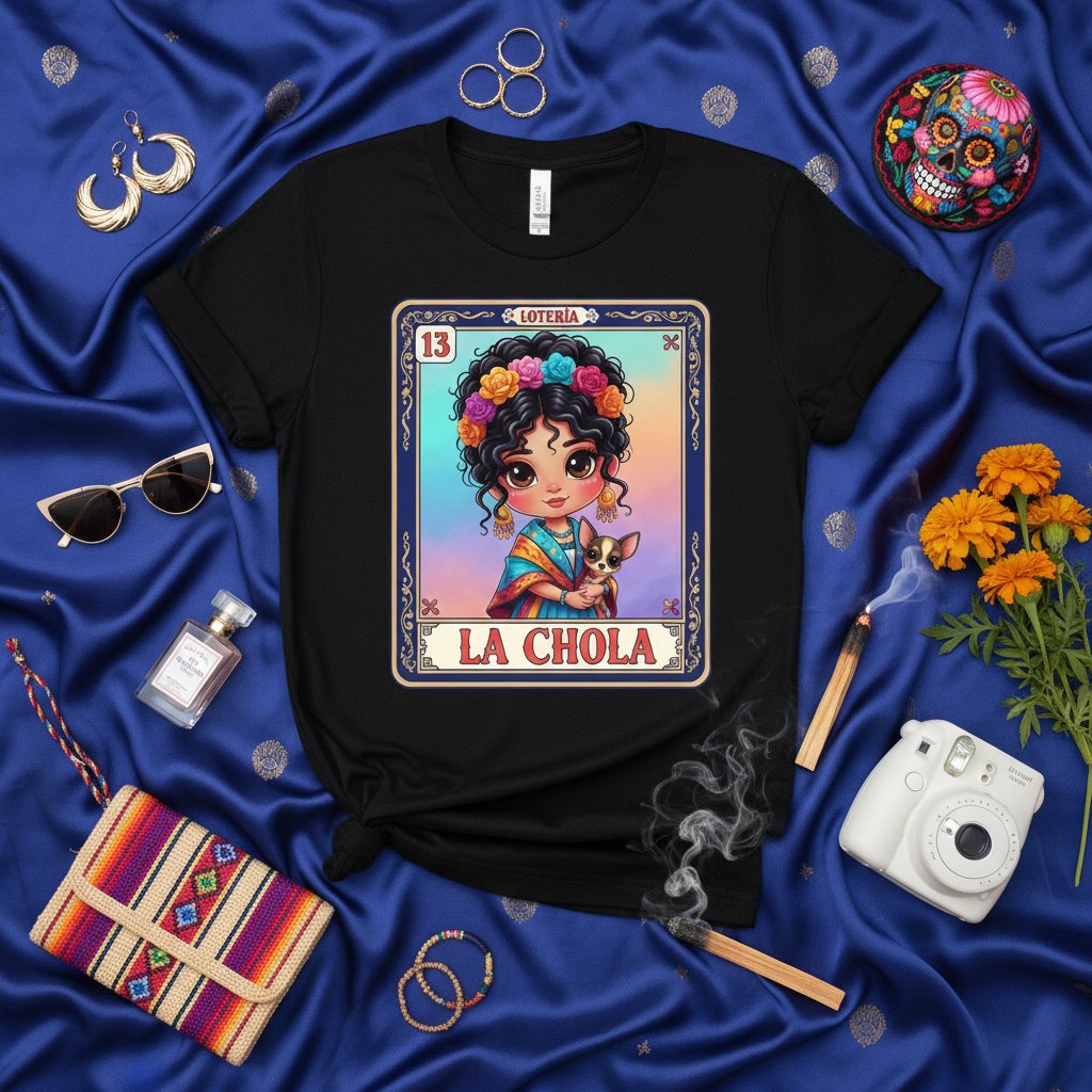 LA CHOLA La Loteria Card T-Shirt, Cute Mexican Girl with Flower Crown and Chihuahua Tee, Hispanic Heritage Festival Shirt, Women's Novelty Graphic Clothing Gift