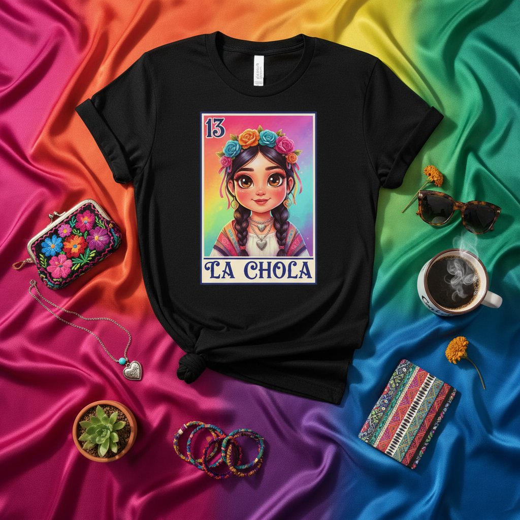 La Chola Loteria Card T-Shirt, Mexican Fiesta Inspired Chola Girl with Flower Crown Graphic Tee, Colorful Rainbow Background Unisex Shirt, Bingo Game Art Number 13