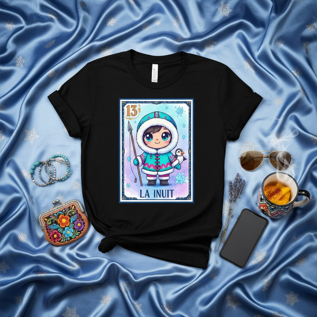 LA INUIT Cute Indigenous Girl Lotería Card 13 Unisex T-Shirt - Kawaii Art Graphic Tee, Traditional Native Culture Design, Unique Gift Idea