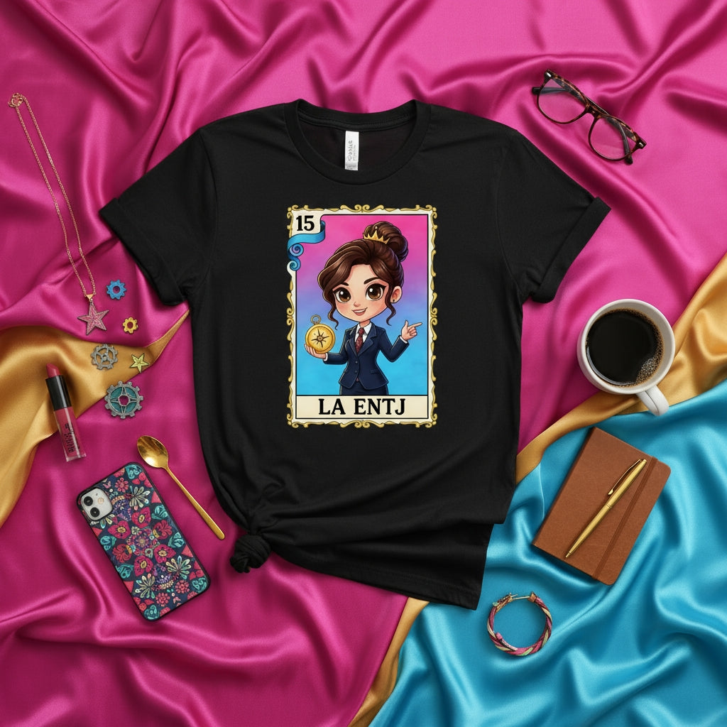LA ENTJ Loteria Card T-Shirt: Female Entrepreneur Myers-Briggs Tee, MBTI Executive Personality Type Gift, Cute Chibi Design, Unisex Black Shirt