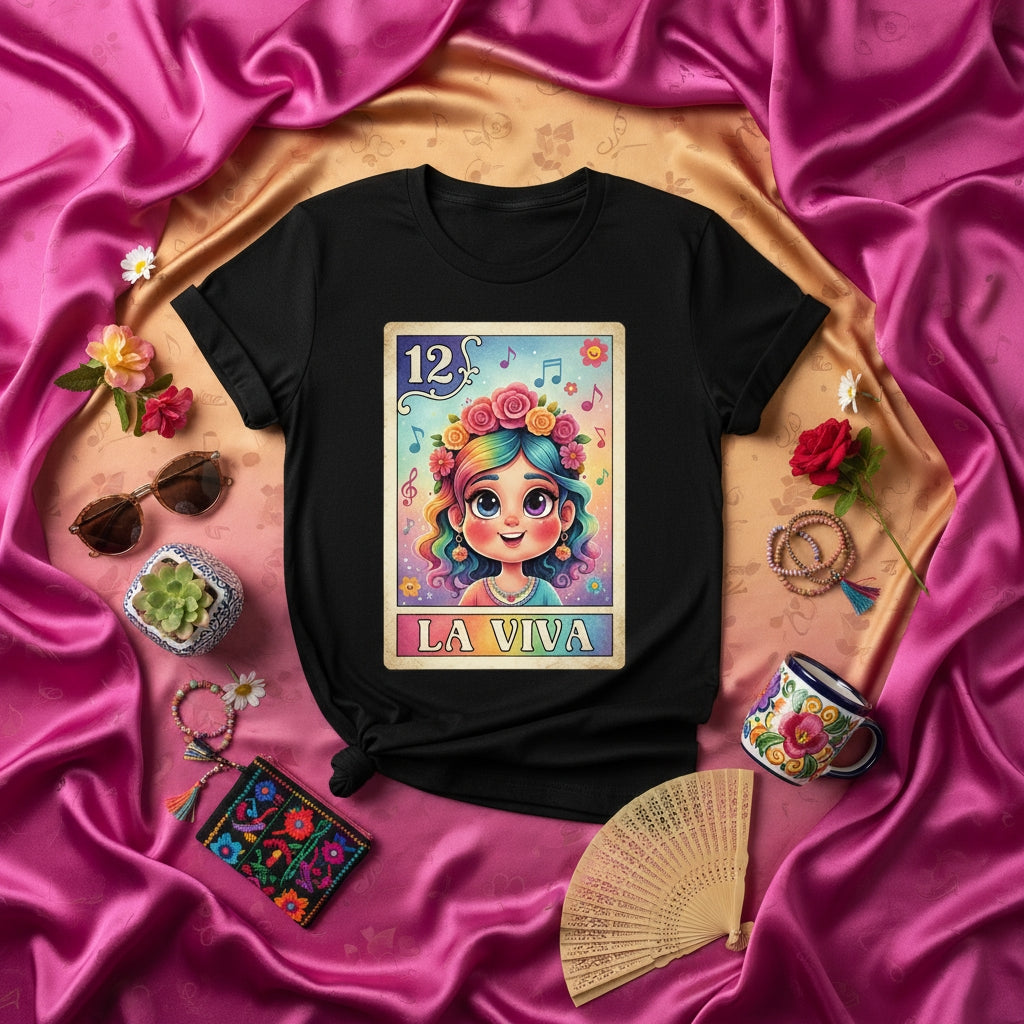 LA VIVA Rainbow Floral Crown Girl Loteria Card T-Shirt, Mexican Bingo Game Inspired Graphic Tee, Number 12 Music Notes Design, Hispanic Culture Gift, Unisex Black Shirt