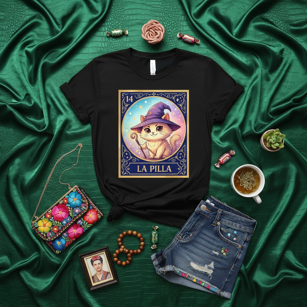 LA PILLA Witchy Cat Loteria Card T-Shirt, Cute Kitten in Wizard Hat Graphic Tee, Mexican Bingo Inspired Design, Mystical Magic Costume Shirt, Fun Halloween Gift Idea