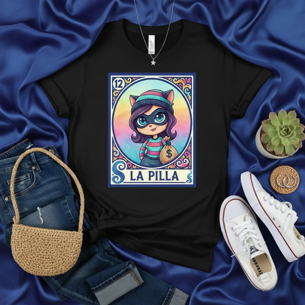 La Pilla Loteria Card T-Shirt Cute Cat Burglar Girl with Money Bag Design, Funny Mexican Game Art Tee, Short Sleeve Unisex Graphic Shirt, Colorful Kawaii Style T-shirt for Women and Men
