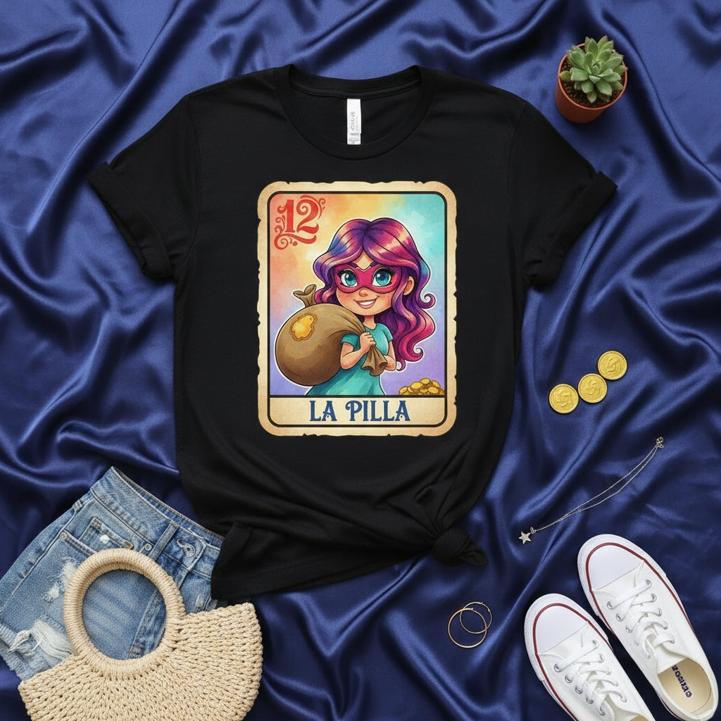 La Pilla Lotería Card T-Shirt: Number 12 The Trickster Girl with Money Bag and Gold Coins, Mexican Bingo Game Inspired, Cute Costume Style Graphic Print Tee, Unisex Short Sleeve Top