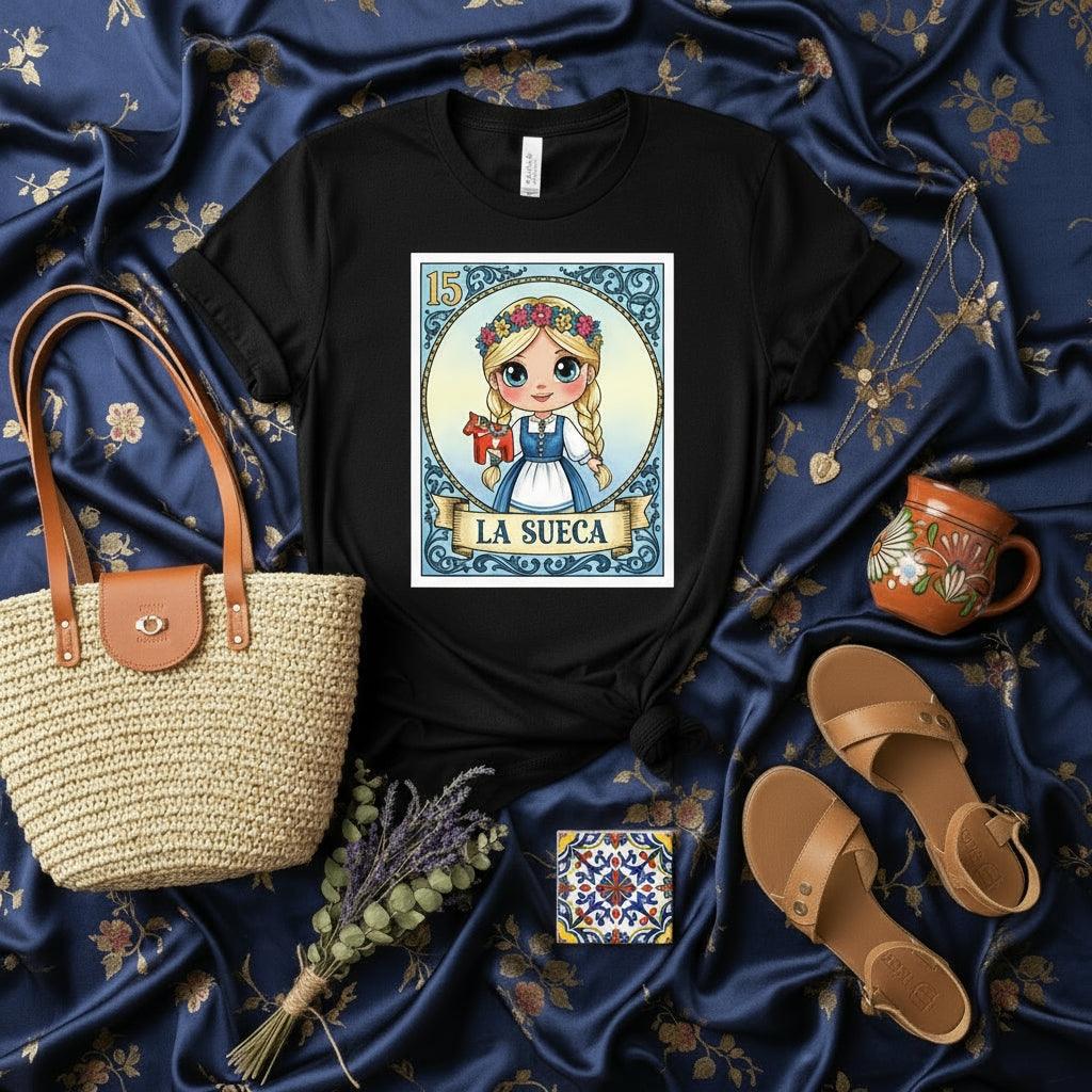 LA SUECA Cute Scandinavian Blonde Girl La Lotería Card Tee Unisex Graphic T-Shirt Santa Lucia Crown Flower Wreath Design Number 15 Gift