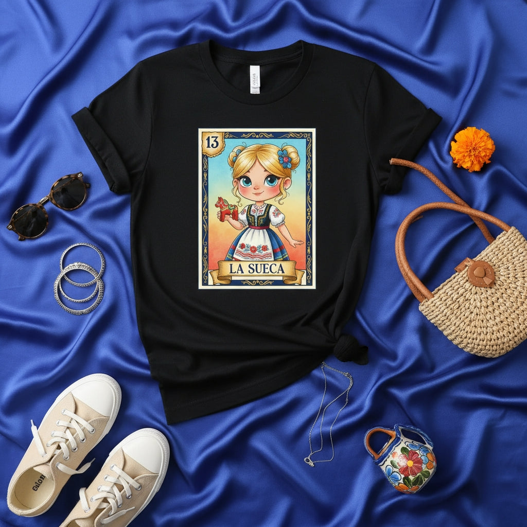 LA SUECA Loteria Card T-Shirt, Cute Blonde Girl in Swedish Folk Dress with Dala Horse, Number 13 Mexican Bingo Game Inspired Unisex Graphic Tee, Perfect Gift for Women, Boho Style Clothing