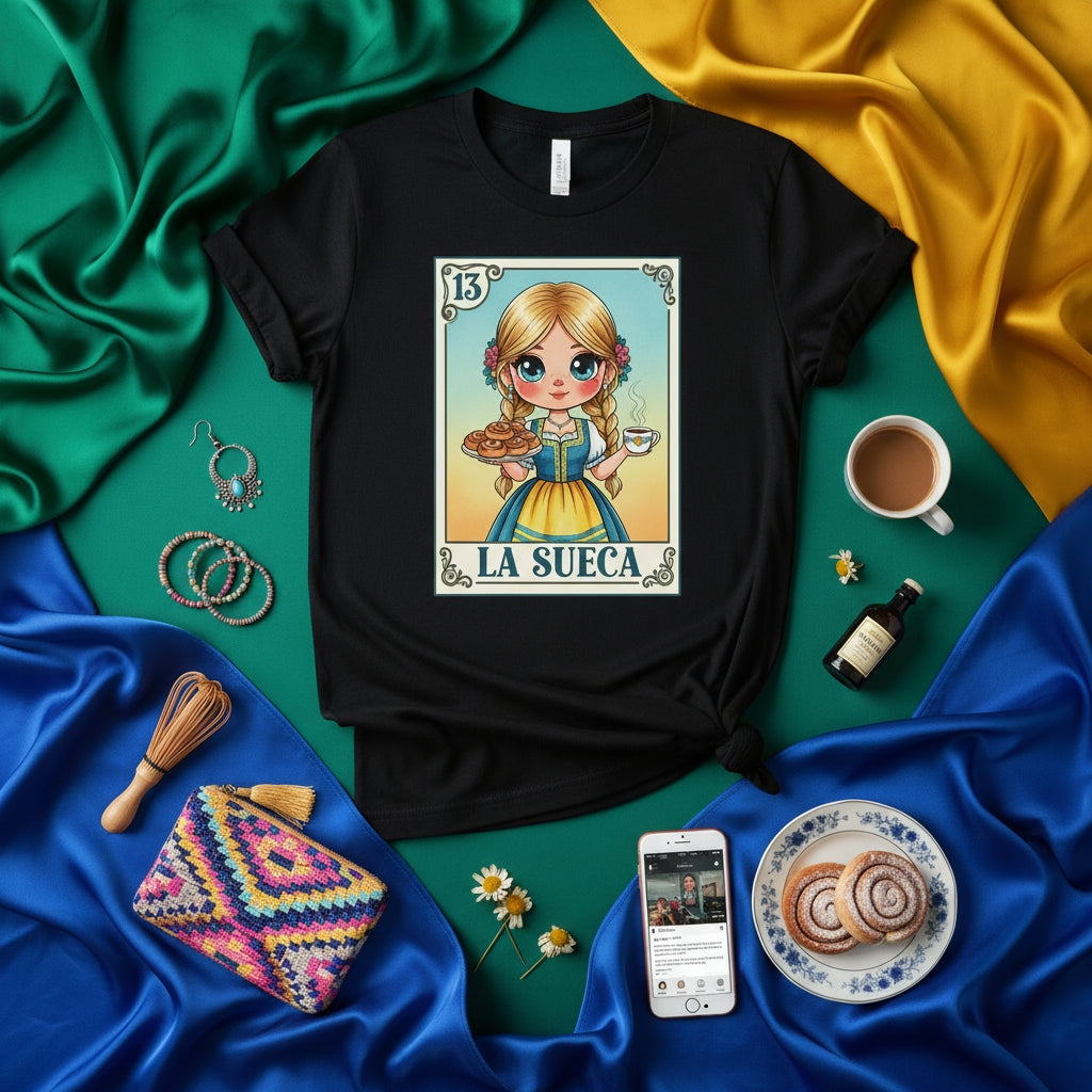 LA SUECA Loteria Card T-Shirt, Cute Blonde Girl in Traditional Dress with Cinnamon Rolls and Coffee, Funny Mexican Bingo Game Inspired Tee, Unisex Graphic Shirt, Number 13 Design