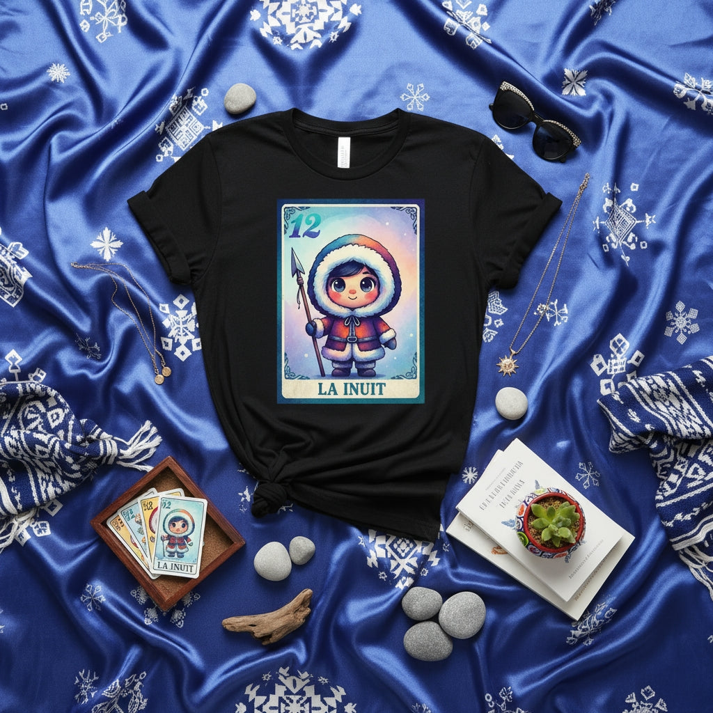 LA INUIT Cute Child Inuit with Spear Lotería Card T-Shirt, Unisex Black Tee Shirt, Traditional Mexican Bingo Game Inspired Design, Festive Cultural Artwork Apparel Gift