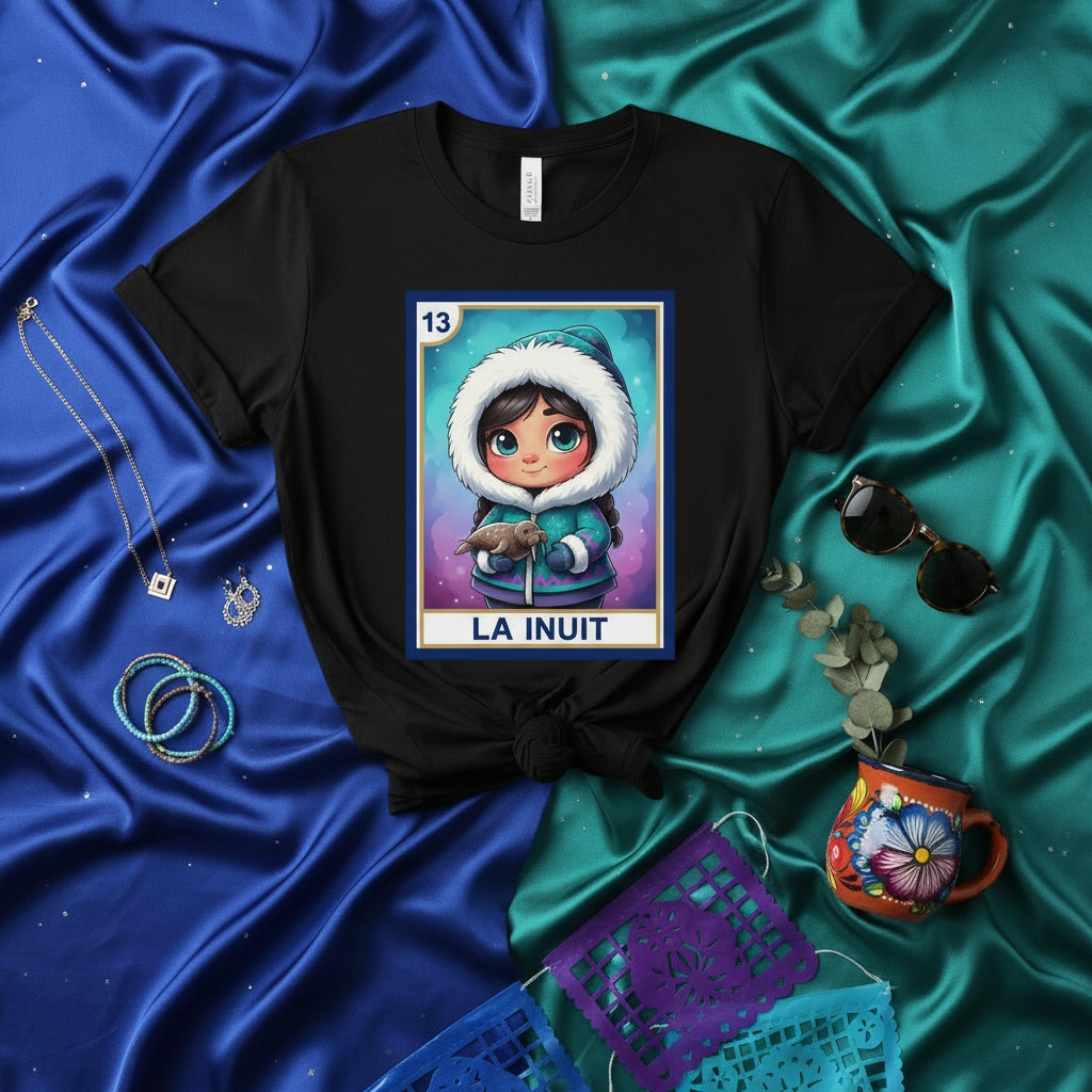 LA INUIT Card 13 Unisex T-Shirt - Cute Cartoon Girl in Parka Lotería Design, Indigenous Arctic Theme Apparel Gift