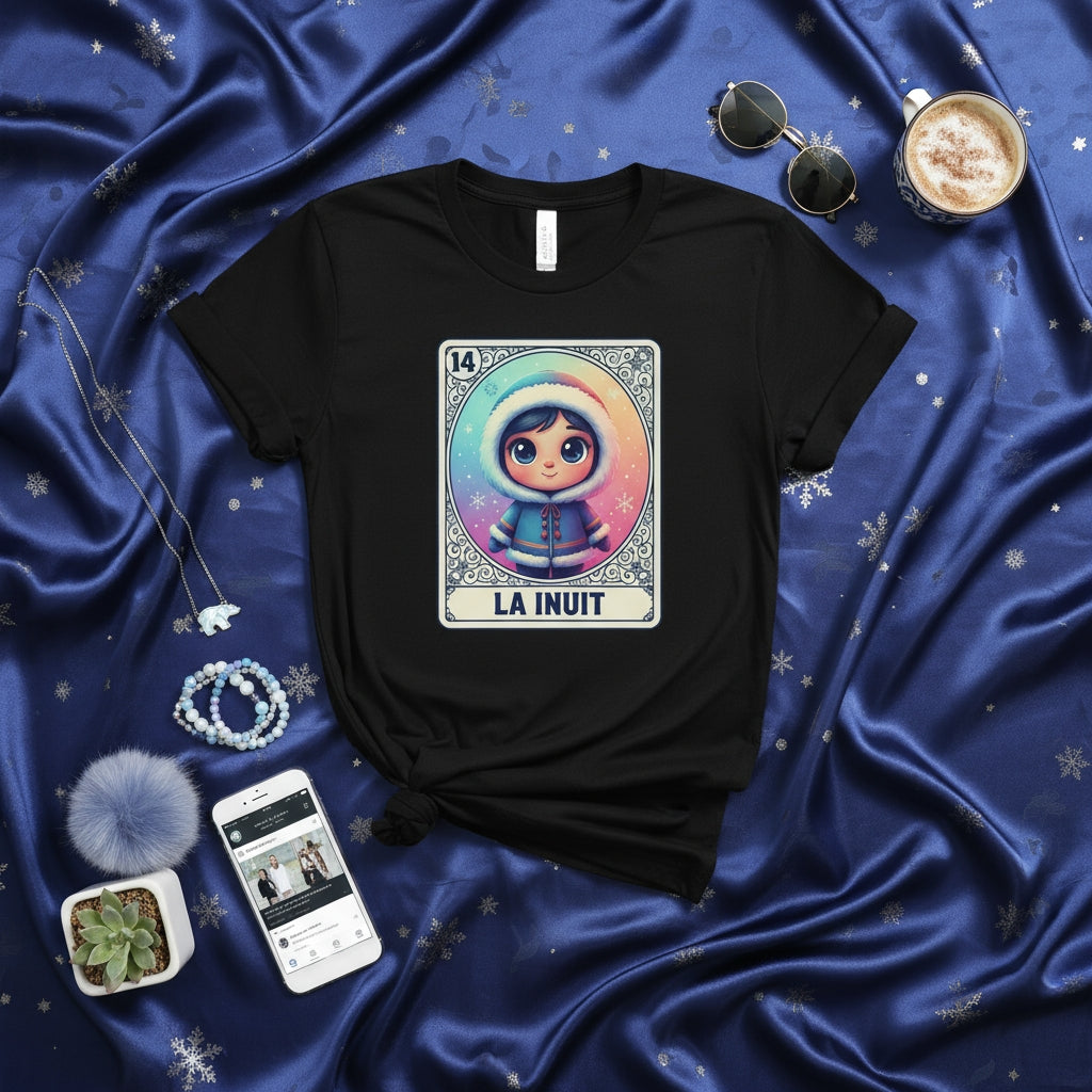 LA INUIT Unisex T-Shirt, Cute Cartoon Inuit Girl in Winter Hooded Parka Loteria Card Design, Number 14 Mexican Bingo Game Apparel, Colorful Kawaii Winter Clothing Gift