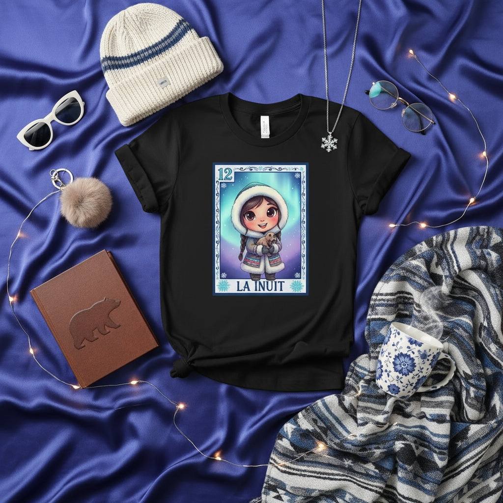 LA INUIT Cute Child Holding Puppy La Lotería Card 12 Black Unisex T-Shirt, Northern Lights Aurora Borealis, Inuit Culture Inspired Graphic Tee Shirt, Winter Snow Hat Sunglasses Jewelry Accessories Photo